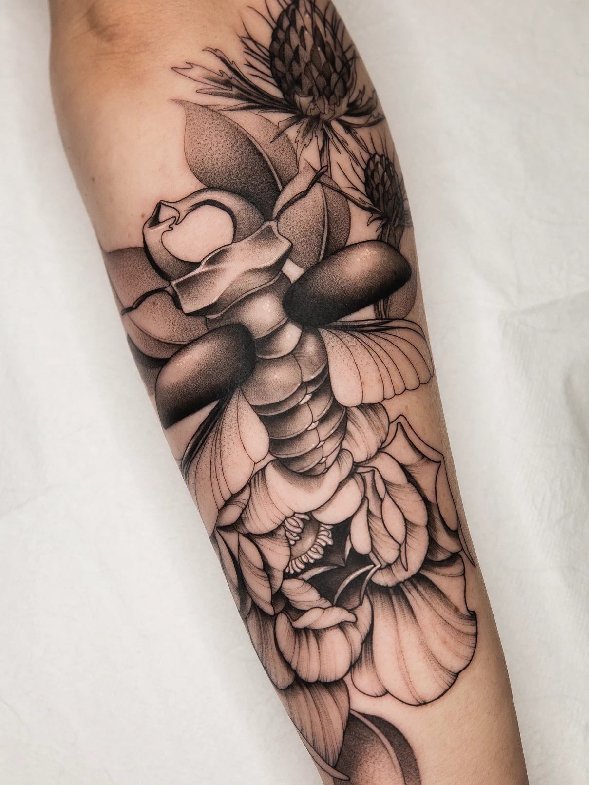 Tatuaje Dotwork-Blackwork escarabajo y flores Mamba Negra